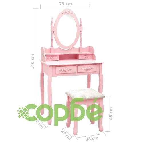 Комплект тоалетка с табуретка, розов, 75x69x140 см, пауловния ➤ топ цена ➤ sorbe.bg