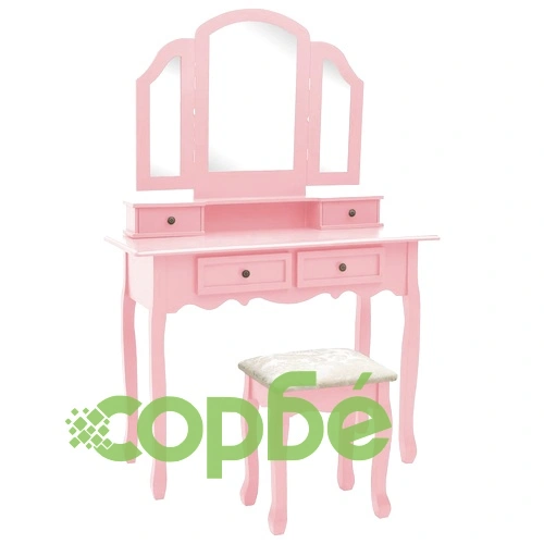 Комплект тоалетка с табуретка, розов, 100x40x146 см, пауловния ➤ топ цена ➤ sorbe.bg