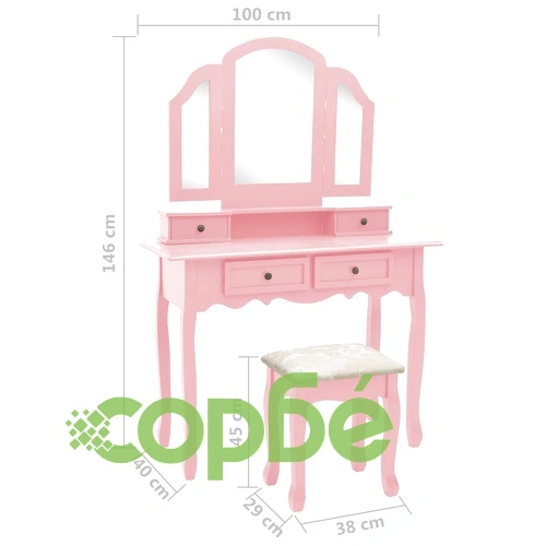 Комплект тоалетка с табуретка, розов, 100x40x146 см, пауловния ➤ топ цена ➤ sorbe.bg