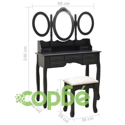 Тоалетка с табуретка и тройно сгъваемо огледало, черна ➤ топ цена ➤ sorbe.bg