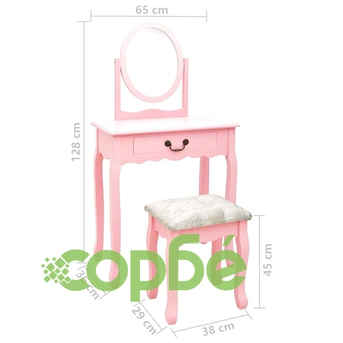 Тоалетка с табуретка, розова, 65x36x128 см, пауловния, МДФ ➤ топ цена ➤ sorbe.bg