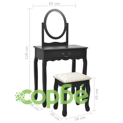 Тоалетка с табуретка, черна, 65x36x128 см, пауловния, МДФ ➤ топ цена ➤ sorbe.bg