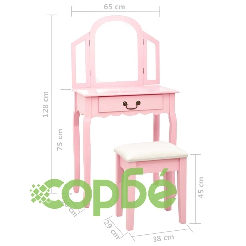 Тоалетка с табуретка, розова, 65x36x128 см, пауловния, МДФ ➤ топ цена ➤ sorbe.bg