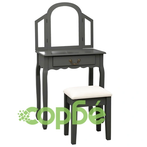 Тоалетка с табуретка, сива, 65x36x128 см, пауловния, МДФ ➤ топ цена ➤ sorbe.bg