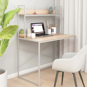 Компютърно бюро, бяло и дъб, 110x60x138 см, инженерно дърво
