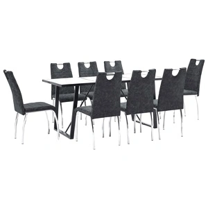 Трапезен комплект от 9 части, черен, изкуствена кожа