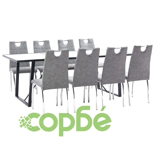 Трапезен комплект от 9 части, сив, изкуствена кожа ➤ топ цена ➤ sorbe.bg