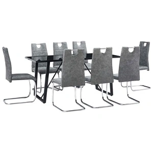 Трапезен комплект от 9 части, сив, изкуствена кожа