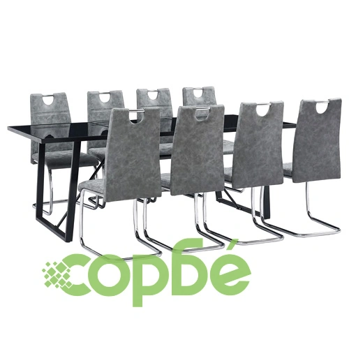 Трапезен комплект от 9 части, сив, изкуствена кожа ➤ топ цена ➤ sorbe.bg