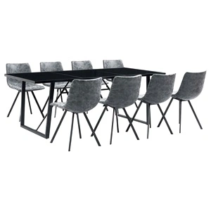 Трапезен комплект от 9 части, черен, изкуствена кожа