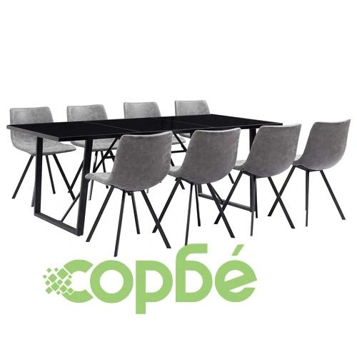 Трапезен комплект от 9 части, сив, изкуствена кожа ➤ топ цена ➤ sorbe.bg