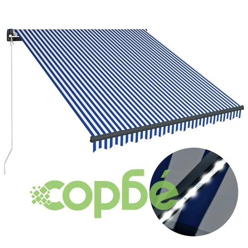 Ръчно прибиращ се сенник с LED, 350x250 см, синьо и бяло ➤ топ цена ➤ sorbe.bg