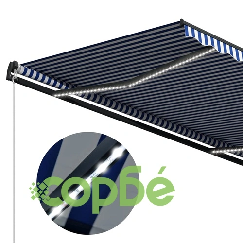 Сенник, сензор за вятър и LED, 350x250 см, синьо и бяло ➤ топ цена ➤ sorbe.bg
