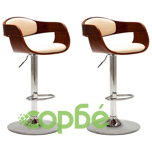 Бар табуретки, 2 бр, кремави, извито дърво и изкуствена кожа ➤ топ цена ➤ sorbe.bg