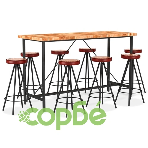 Бар комплект, 9 части, акация масив, естествена кожа и канава ➤ топ цена ➤ sorbe.bg