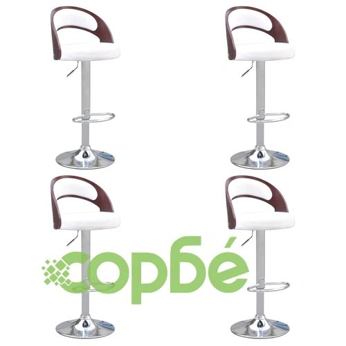Бар табуретки, 4 бр, дървена облегалка, изкуствена кожа, бели ➤ топ цена ➤ sorbe.bg