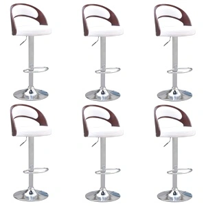 Бар табуретки, 6 бр, дървена облегалка, изкуствена кожа, бели