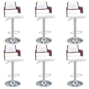 Бар табуретки, 6 бр, дървена облегалка, изкуствена кожа, бели