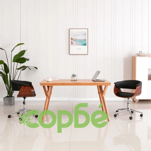 Въртящ офис стол, черен, извито дърво и изкуствена кожа ➤ топ цена ➤ sorbe.bg