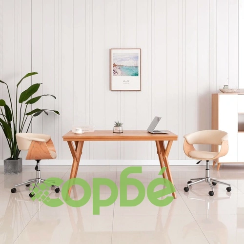 Въртящ офис стол, кремав, извито дърво и изкуствена кожа ➤ топ цена ➤ sorbe.bg