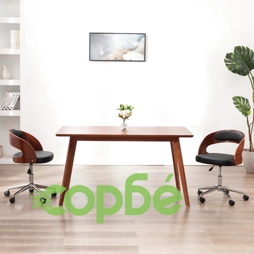 Въртящ офис стол, черен, извито дърво и изкуствена кожа ➤ топ цена ➤ sorbe.bg