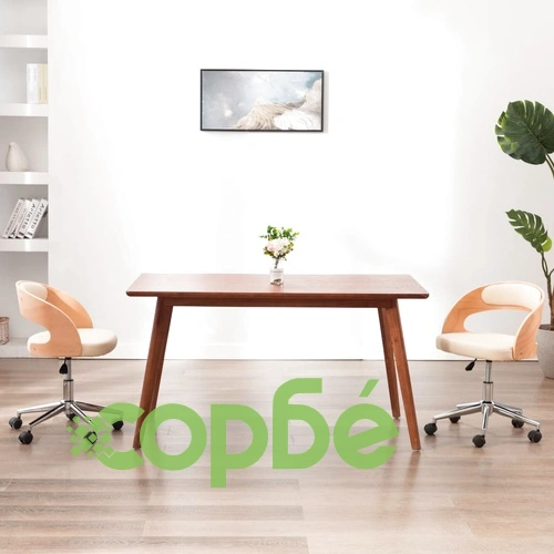 Въртящ офис стол, кремав, извито дърво и изкуствена кожа ➤ топ цена ➤ sorbe.bg