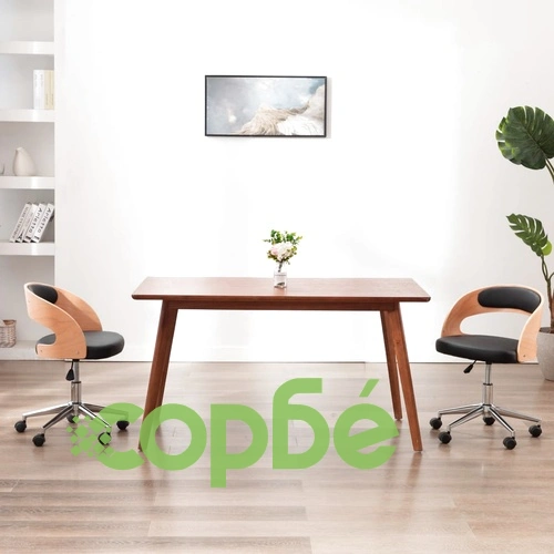 Въртящ офис стол, черен, извито дърво и изкуствена кожа ➤ топ цена ➤ sorbe.bg