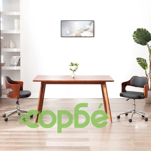 Въртящ офис стол, черен, извито дърво и изкуствена кожа ➤ топ цена ➤ sorbe.bg