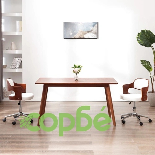 Въртящ офис стол, бял, извито дърво и изкуствена кожа ➤ топ цена ➤ sorbe.bg