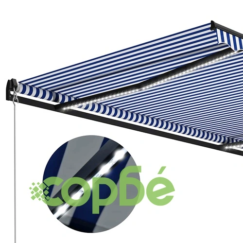 Ръчно прибиращ се сенник с LED, 350x250 см, синьо и бяло ➤ топ цена ➤ sorbe.bg