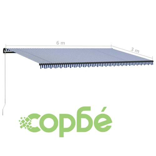 Ръчно прибиращ се сенник с LED, 600x300 см, синьо и бяло ➤ топ цена ➤ sorbe.bg