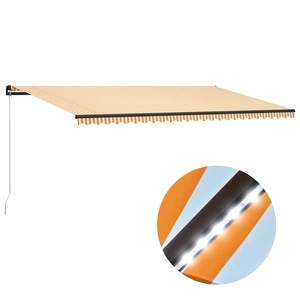 Ръчно прибиращ се сенник с LED, 600x300 см, жълто и бяло