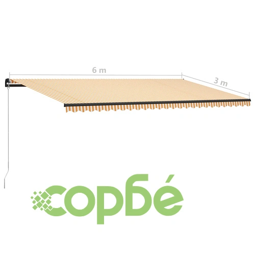 Ръчно прибиращ се сенник с LED, 600x300 см, жълто и бяло ➤ топ цена ➤ sorbe.bg