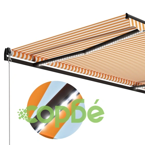 Ръчно прибиращ се сенник с LED, 600x300 см, жълто и бяло ➤ топ цена ➤ sorbe.bg