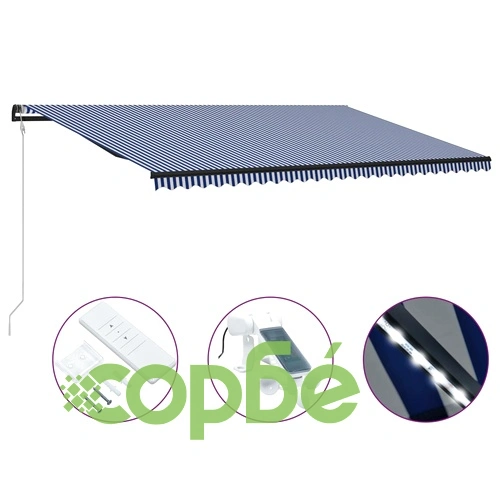 Прибиращ се сенник сензор за вятър LED 600x300 см синьо и бяло ➤ топ цена ➤ sorbe.bg