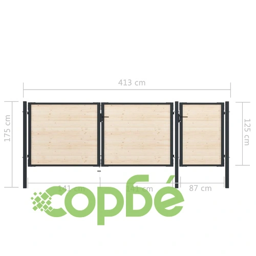 Оградна порта от стомана и смърчово дърво 413x125 см ➤ топ цена ➤ sorbe.bg