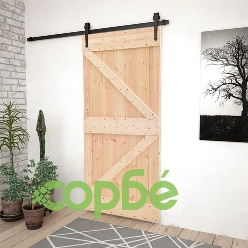 Плъзгаща врата с монтажни части, 80x210 см, борово дърво масив ➤ топ цена ➤ sorbe.bg