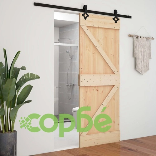 Плъзгаща врата с монтажни части, 90x210 см, борово дърво масив ➤ топ цена ➤ sorbe.bg