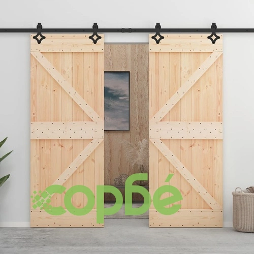 Плъзгаща врата с монтажни части, 90x210 см, борово дърво масив ➤ топ цена ➤ sorbe.bg