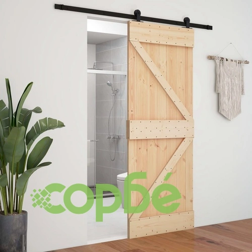 Плъзгаща врата с монтажни части, 90x210 см, борово дърво масив ➤ топ цена ➤ sorbe.bg