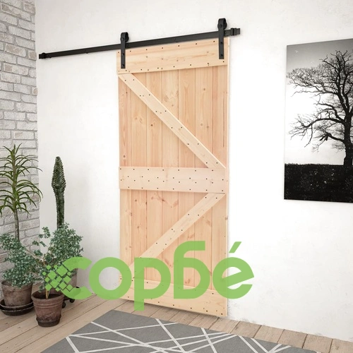 Плъзгаща врата с монтажни части, 90x210 см, борово дърво масив ➤ топ цена ➤ sorbe.bg