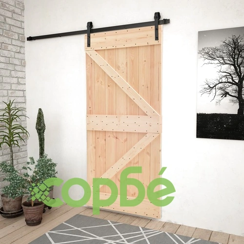 Плъзгаща врата с монтажни части, 90x210 см, борово дърво масив ➤ топ цена ➤ sorbe.bg