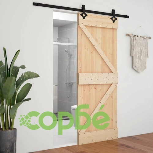 Плъзгаща врата с монтажни части, 100x210 см, борово дърво масив ➤ топ цена ➤ sorbe.bg