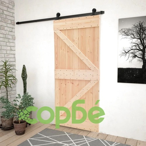 Плъзгаща врата с монтажни части, 100x210 см, борово дърво масив ➤ топ цена ➤ sorbe.bg