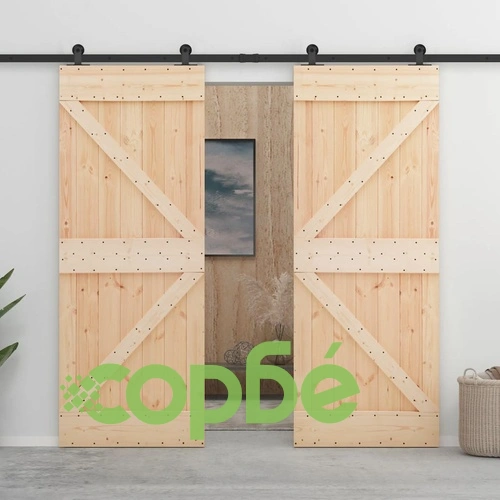 Плъзгаща врата с монтажни части, 80x210 см, борово дърво масив ➤ топ цена ➤ sorbe.bg