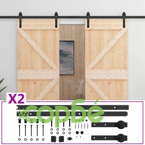 Плъзгаща врата с монтажни части, 80x210 см, борово дърво масив ➤ топ цена ➤ sorbe.bg