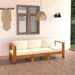 3-местен градински диван с кремавобели възглавници акация масив