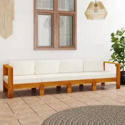 4-местен градински диван с кремавобели възглавници акация масив