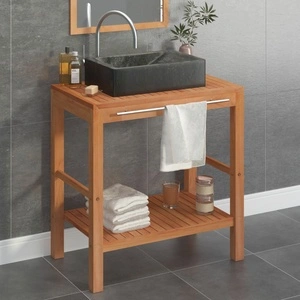 Шкаф за баня от тиково дърво масив с черна мивка от мрамор