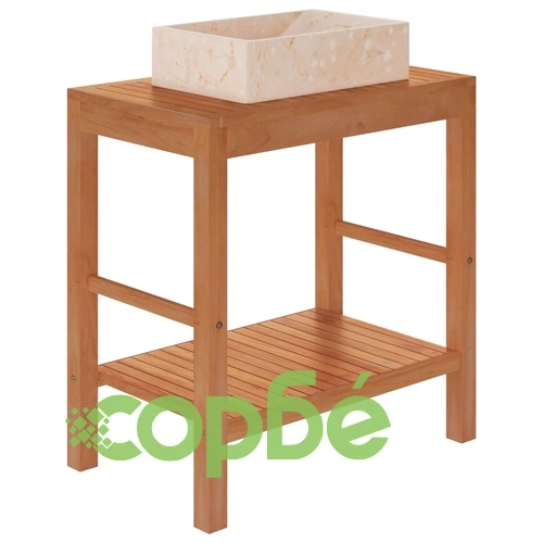 Шкаф за баня от тиково дърво масив с кремава мивка от мрамор ➤ топ цена ➤ sorbe.bg